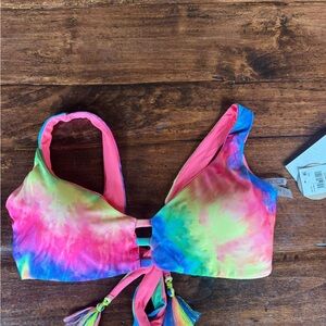 BECCA Multicolor Tie-Dye Bikini Top - Pink, Blue, Green, Yellow size D NWT